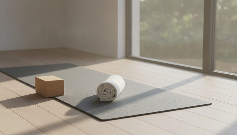 Pilatesmåtte og yogablok klar til træning på stuegulvet