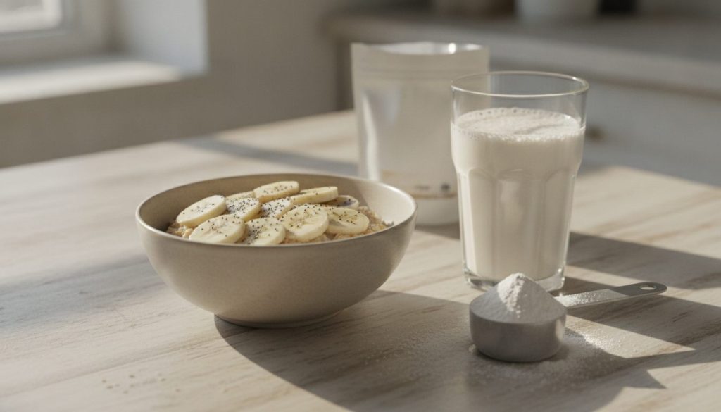 Morgenmåltid med havregrød, proteinshake og proteinpulver på træbord