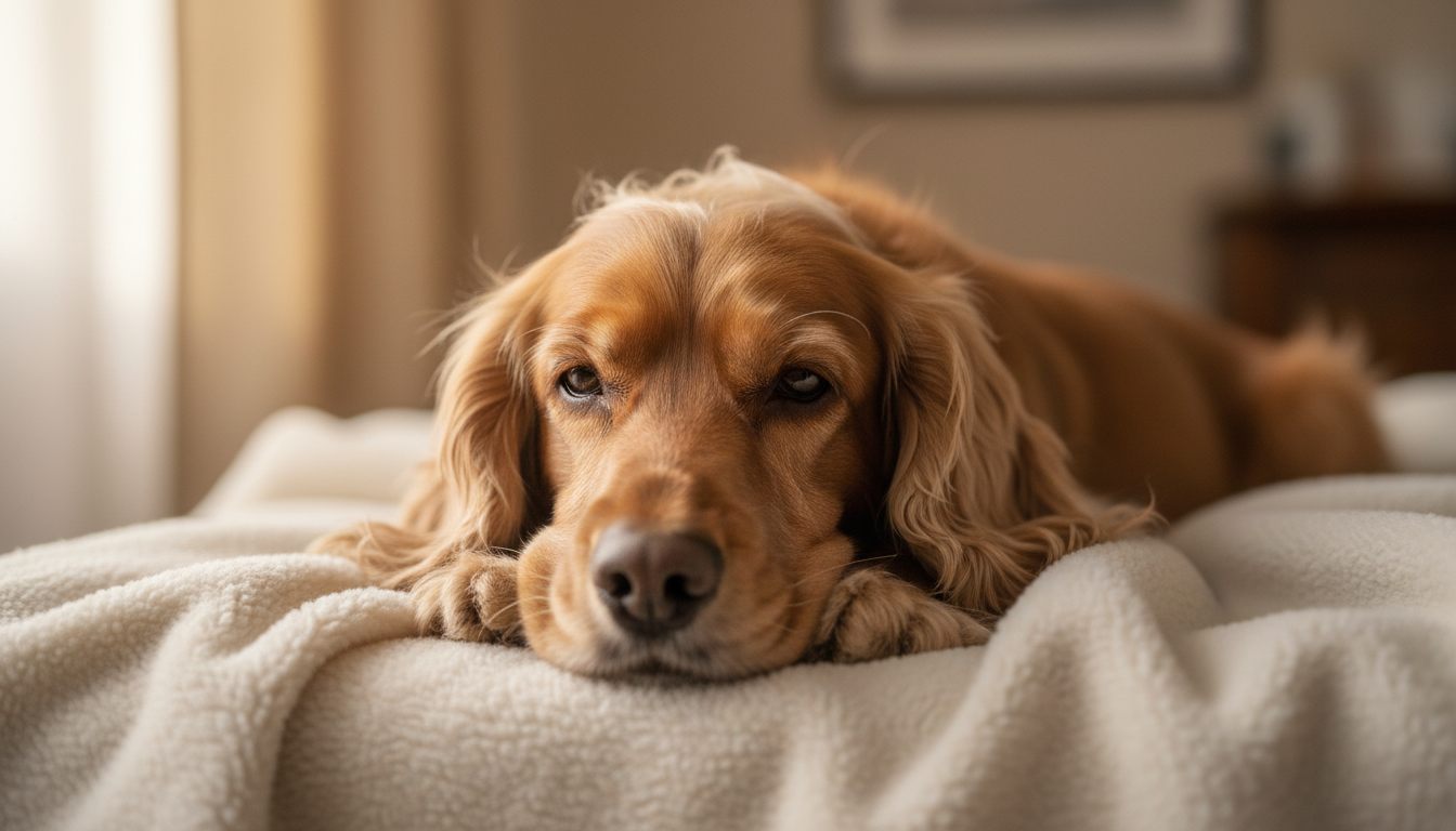 Cocker spaniel hvilende på et blødt tæppe i varmt dagslys