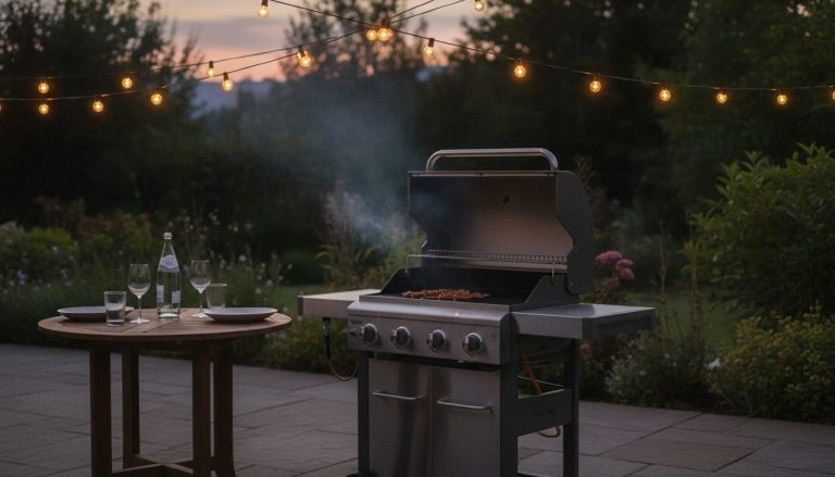 Grill og dækket bord til to på terrassen en sommeraften