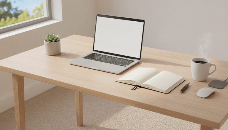 Ryddeligt skrivebord med bærbar computer, notesbog og kaffekop