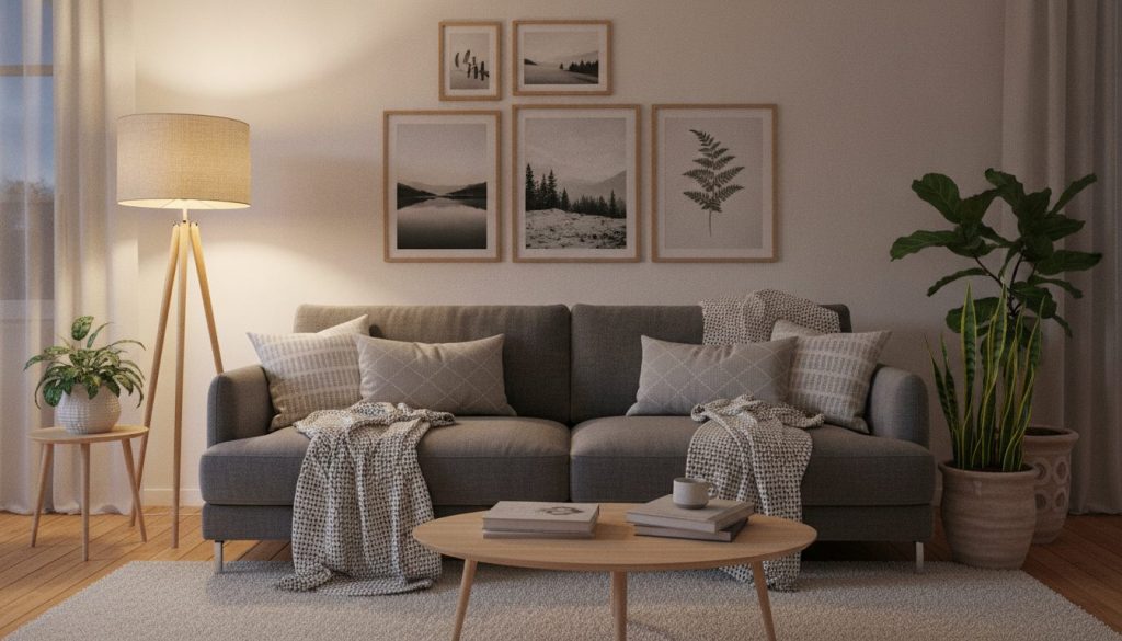 Hyggelig stue med sofa, planter og varmt lys om aftenen