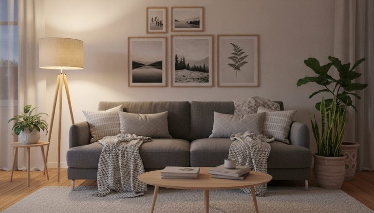 Hyggelig stue med sofa, planter og varmt lys om aftenen