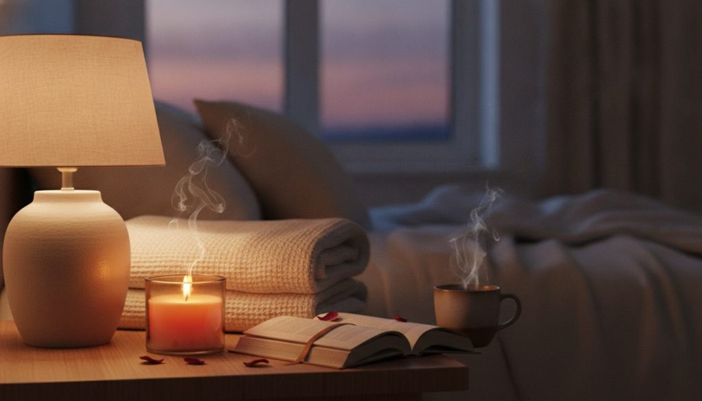 Hyggeligt soveværelse med tændt lampe og bog på sengebordet, aftenstemning
