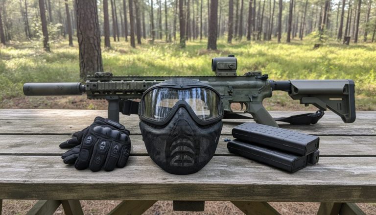 Airsoft-udstyr med maske og riffel klar til en runde i skoven