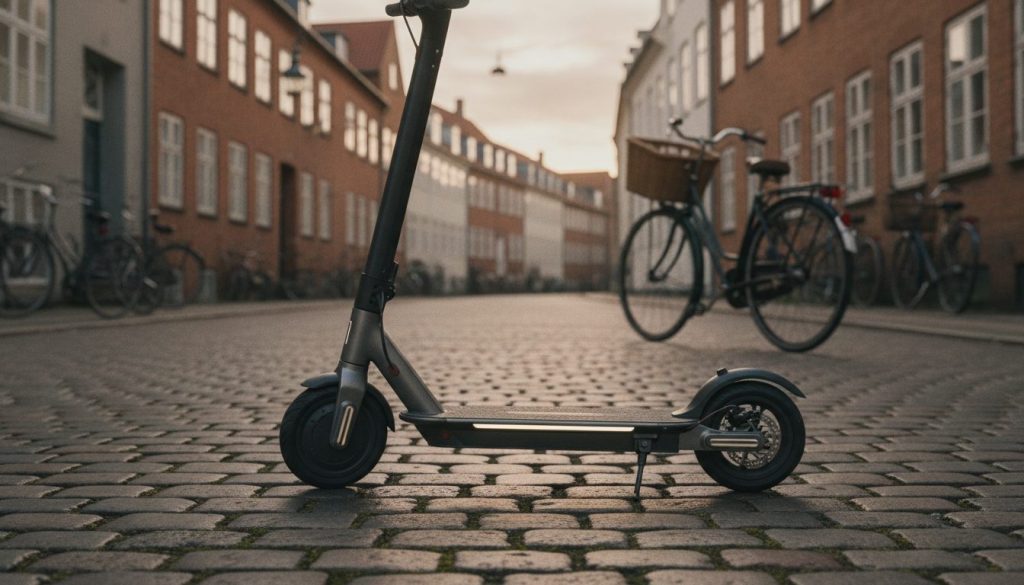 Elektrisk løbehjul parkeret på brostensbelagt gade i en dansk by