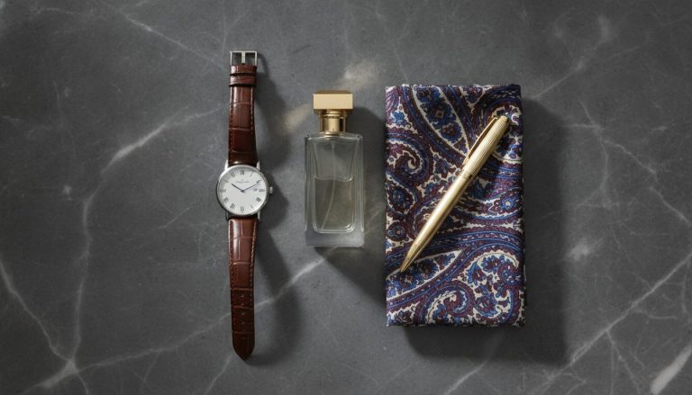 Flatlay af luksusprodukter: ur, parfume og silketørklæde på marmor