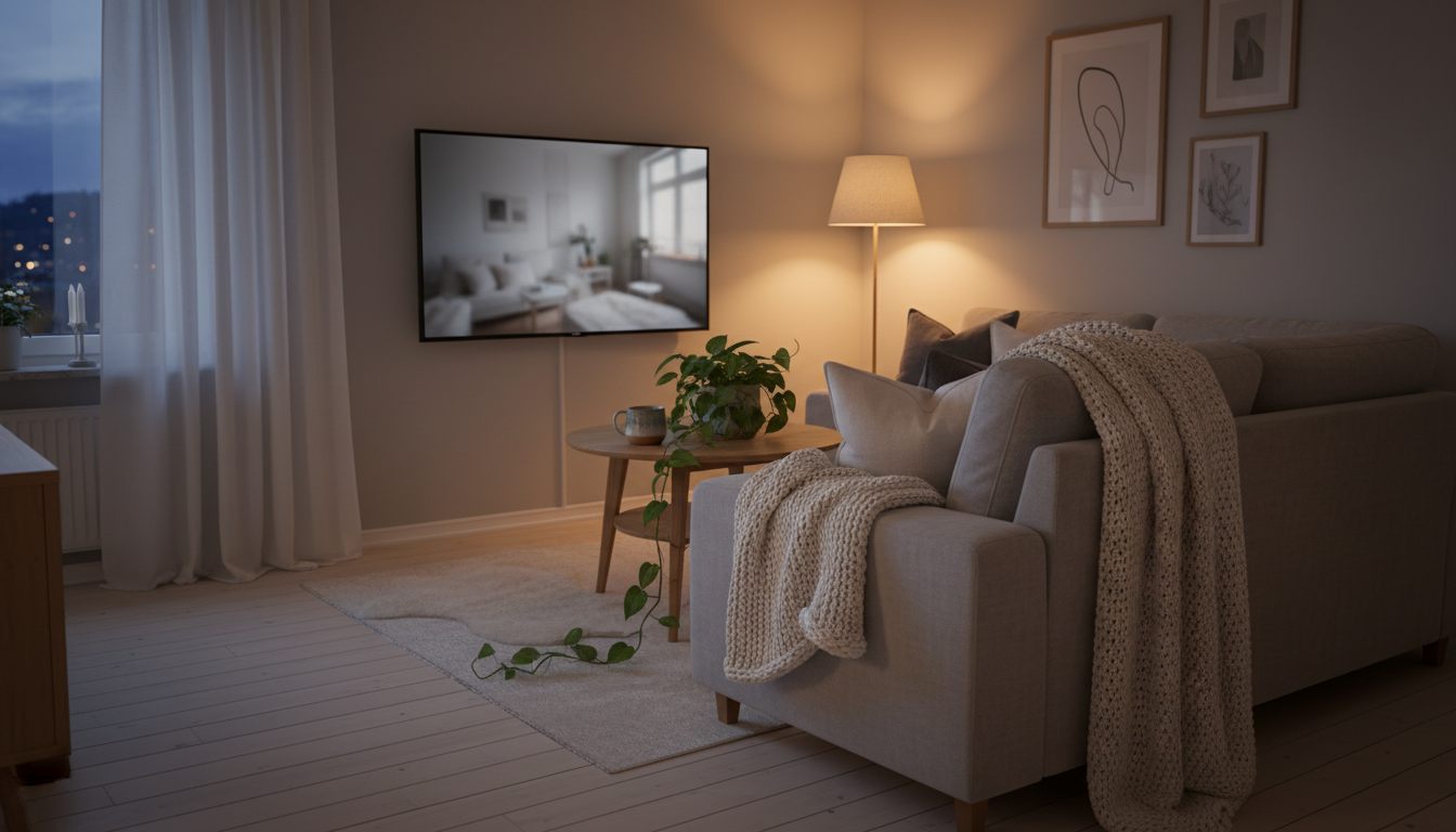 Hyggelig dansk stue om aftenen med fladskærm på væggen, grå sofa og tændt gulvlampe
